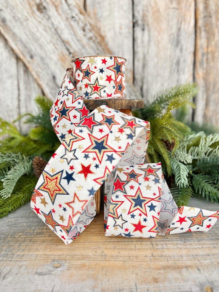 2.5" Patriotic Ribbon, Wired Ribbon, Stars Ribbon, Americana Ribbon, USA Ribbon, 4th of July RIbbon, Ribbon for bows, Wreath supply