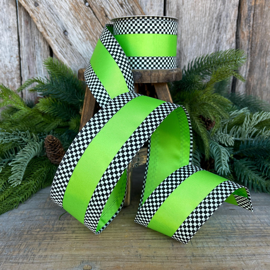 2.5" Ribbon, Lime Green with Black White Checkered Border, Halloween Ribbon
