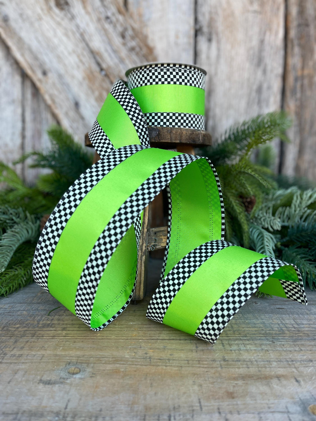 2.5" Ribbon, Lime Green with Black White Checkered Border, Halloween Ribbon
