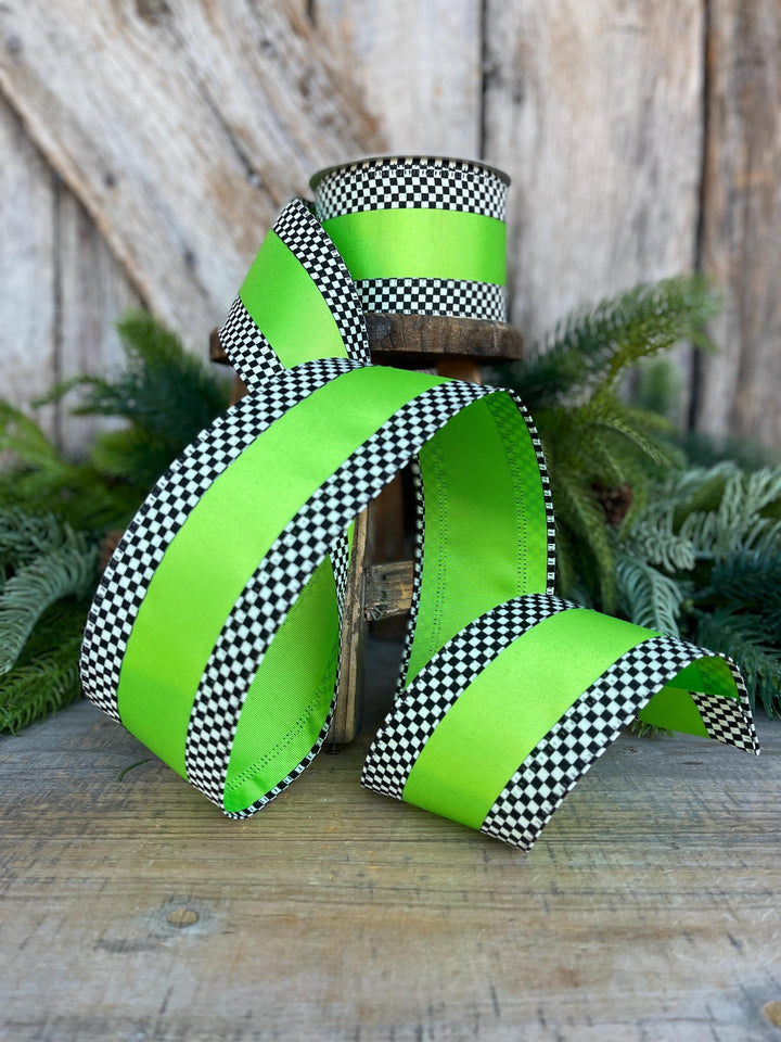2.5" Ribbon, Lime Green with Black White Checkered Border, Halloween Ribbon