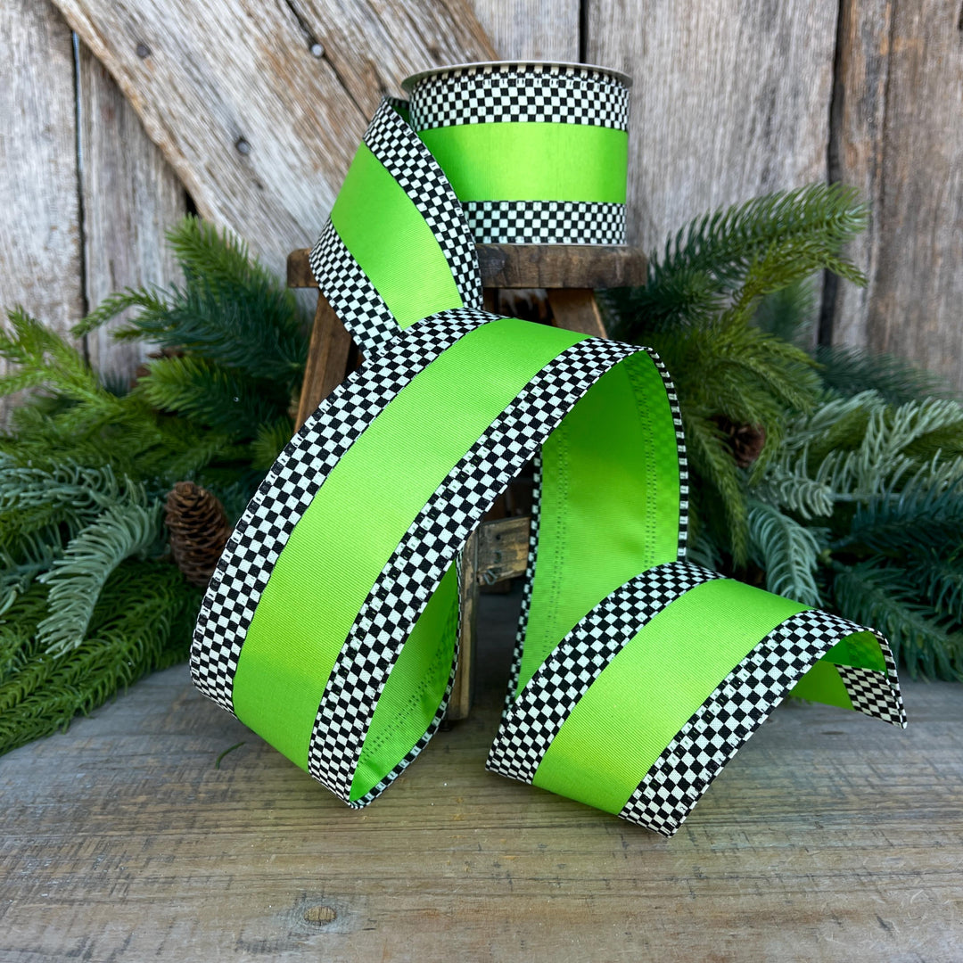 2.5" Ribbon, Lime Green with Black White Checkered Border, Halloween Ribbon