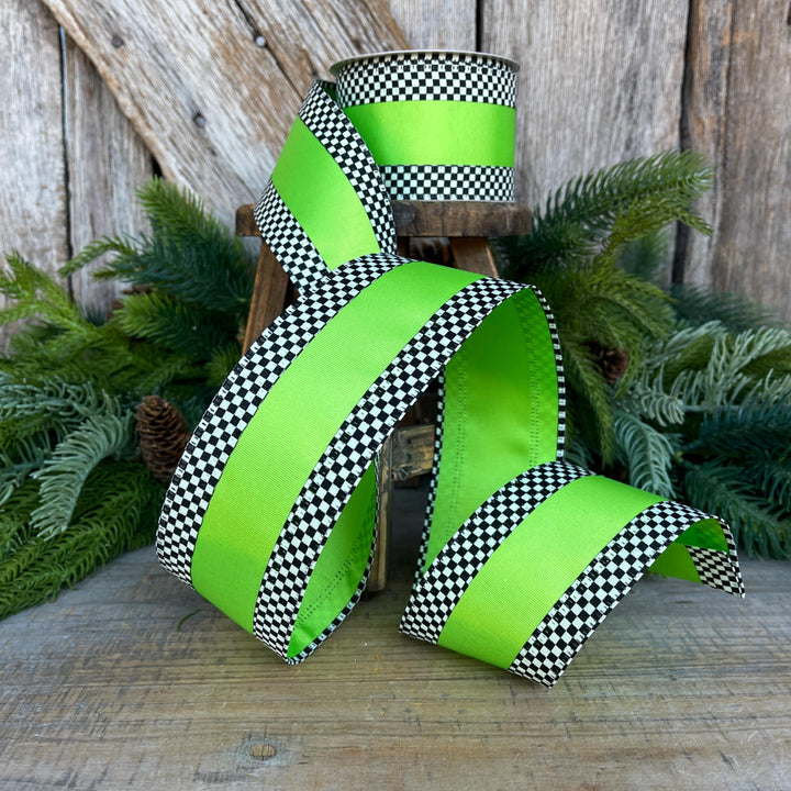 2.5" Ribbon, Lime Green with Black White Checkered Border, Halloween Ribbon