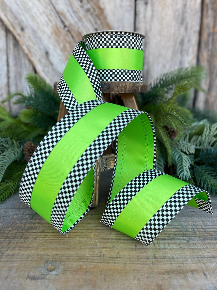 2.5" Ribbon, Lime Green with Black White Checkered Border, Halloween Ribbon