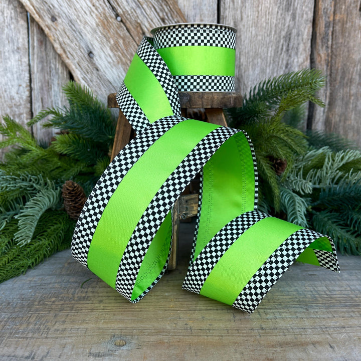 2.5" Ribbon, Lime Green with Black White Checkered Border, Halloween Ribbon