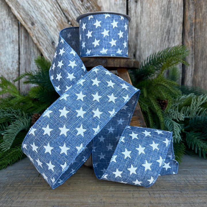 2.5" Patriotic Ribbon, Wired Ribbon, Star Ribbon, Denim Blue Ribbon, 4th of July Ribbon,