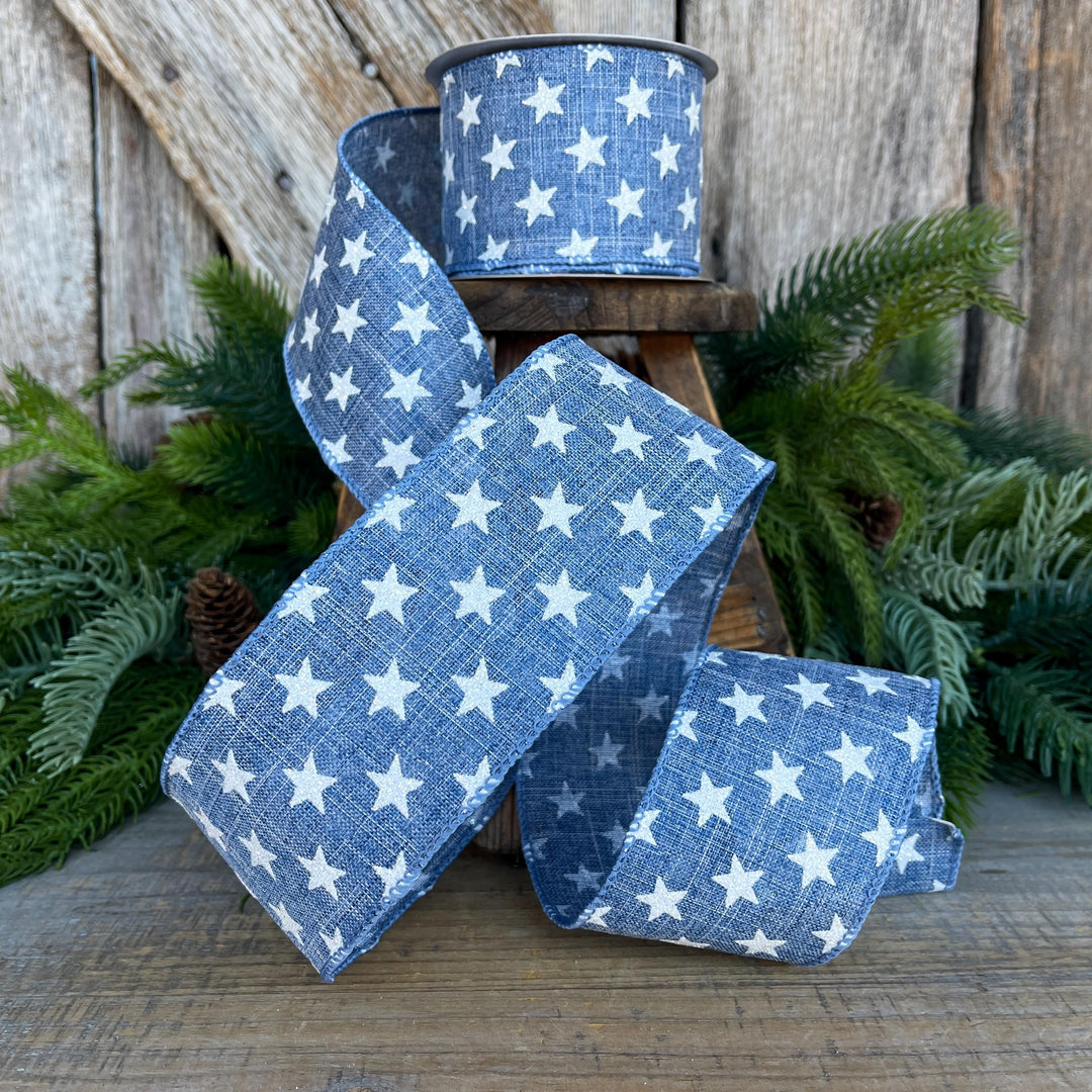 2.5" Patriotic Ribbon, Wired Ribbon, Star Ribbon, Denim Blue Ribbon, 4th of July Ribbon,