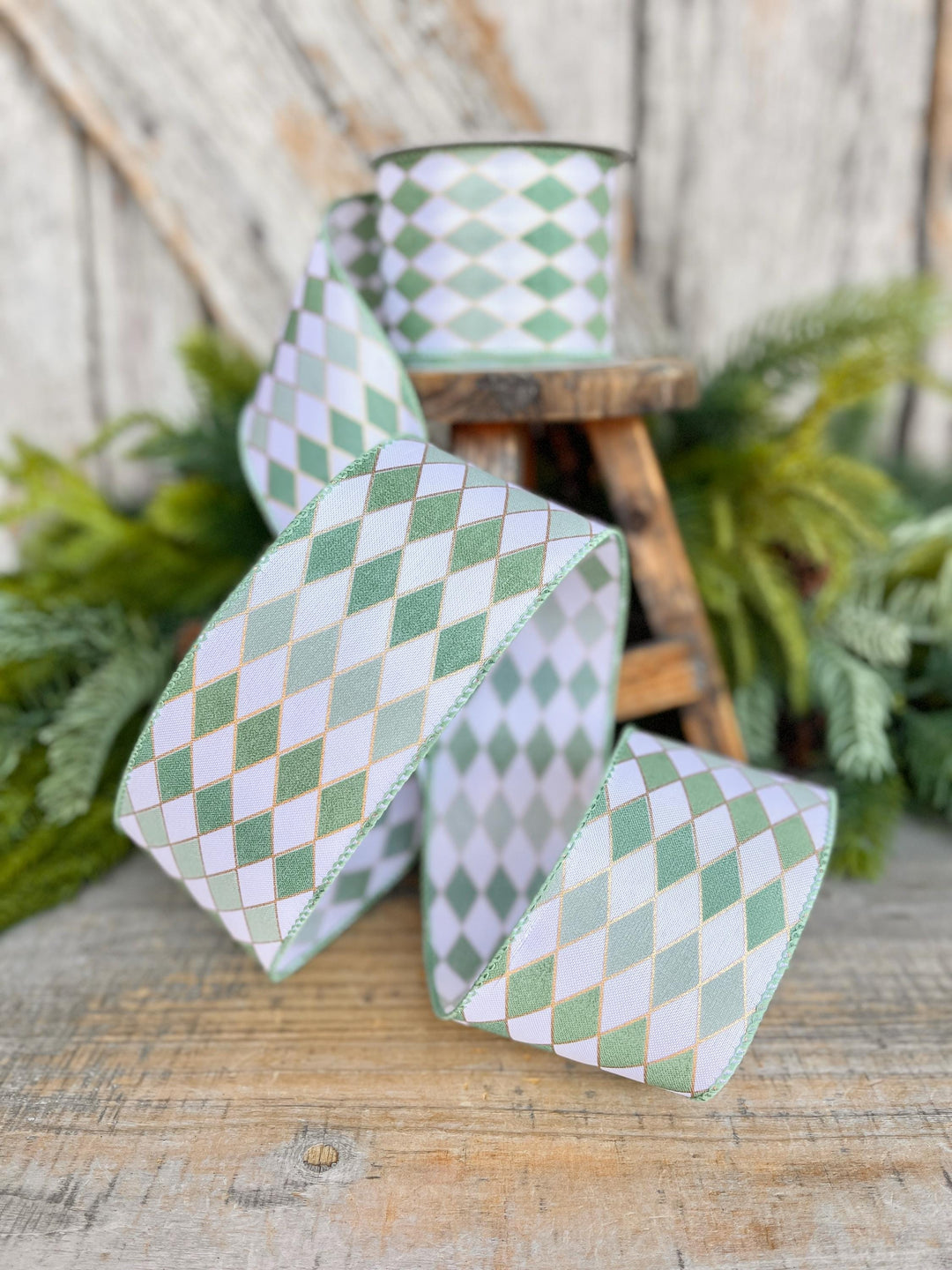 2.5" Sage Green Harlequin Ribbon, Spring Summer Ribbon
