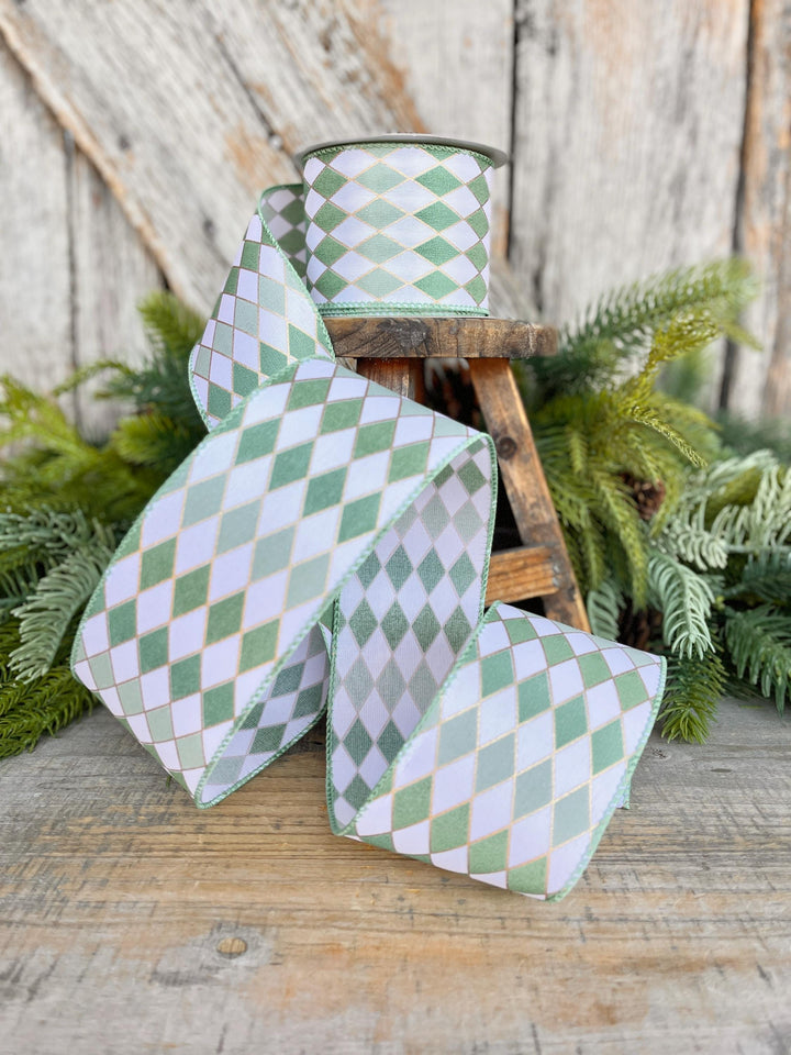 2.5" Sage Green Harlequin Ribbon, Spring Summer Ribbon