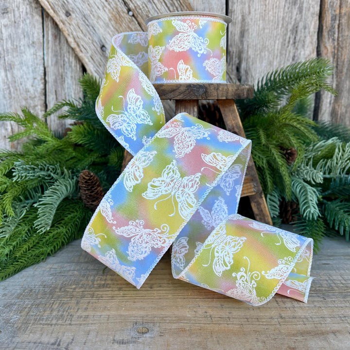 2.5" Pastel Butterfly Wired Ribbon, 10 Yards