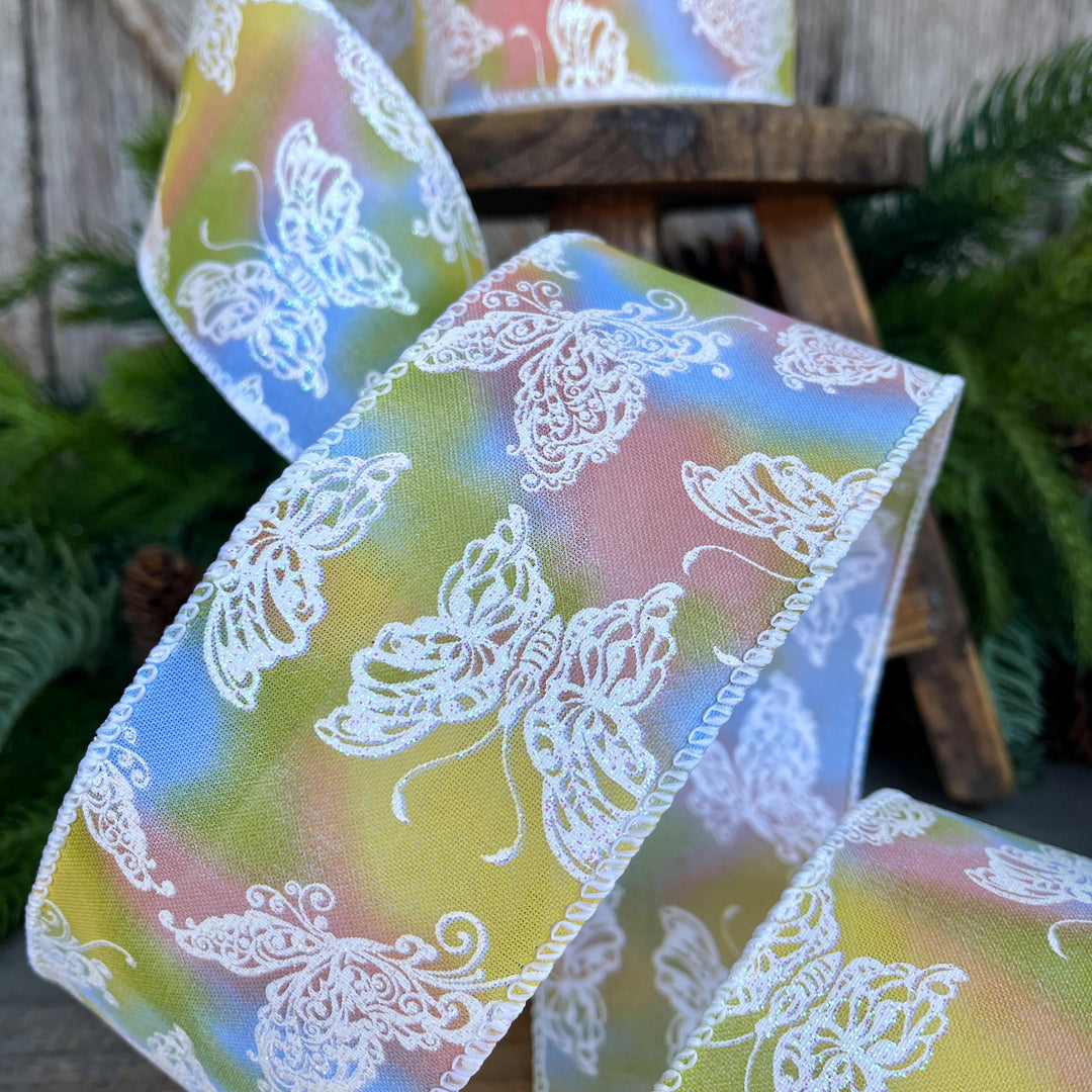 2.5" Pastel Butterfly Wired Ribbon, 10 Yards