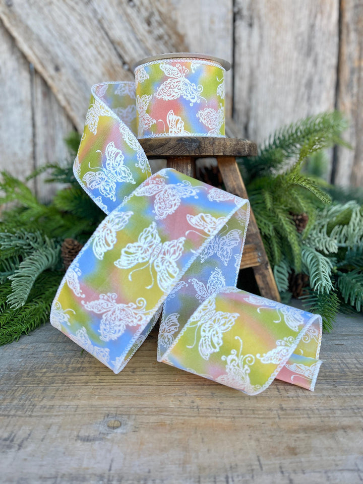 2.5" Pastel Butterfly Wired Ribbon, 10 Yards