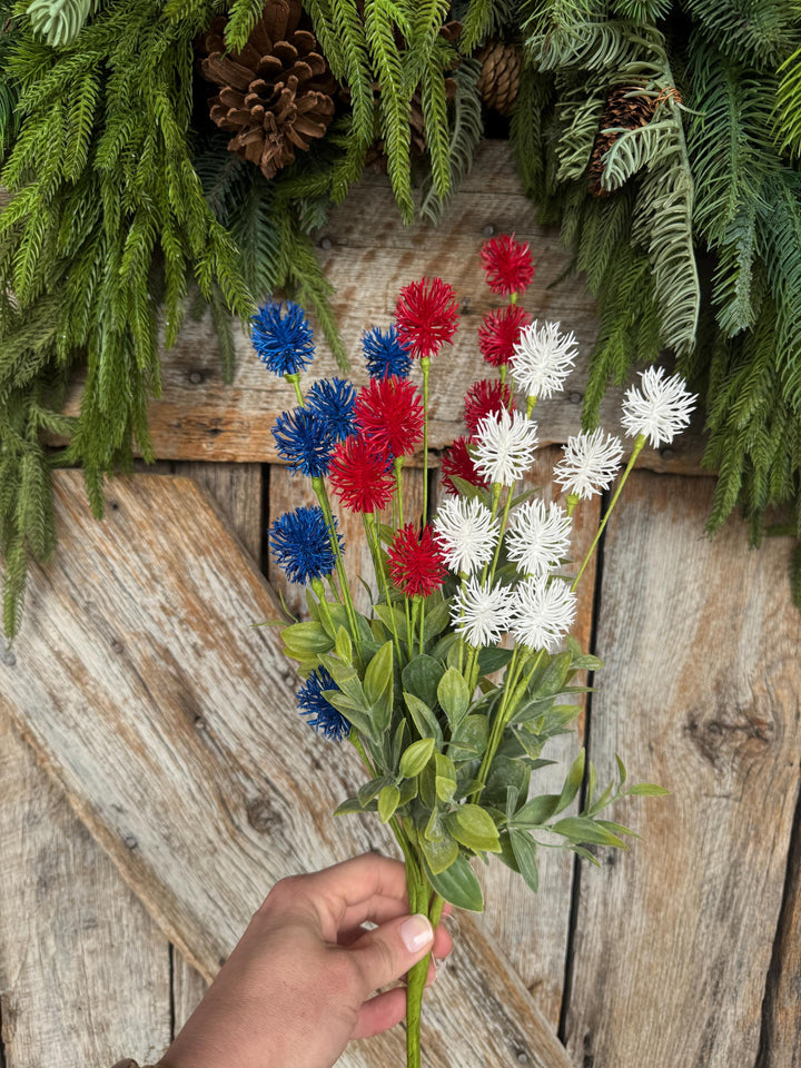 19" Patriotic Floral Bush, Red White Blue Pom Pom Bush