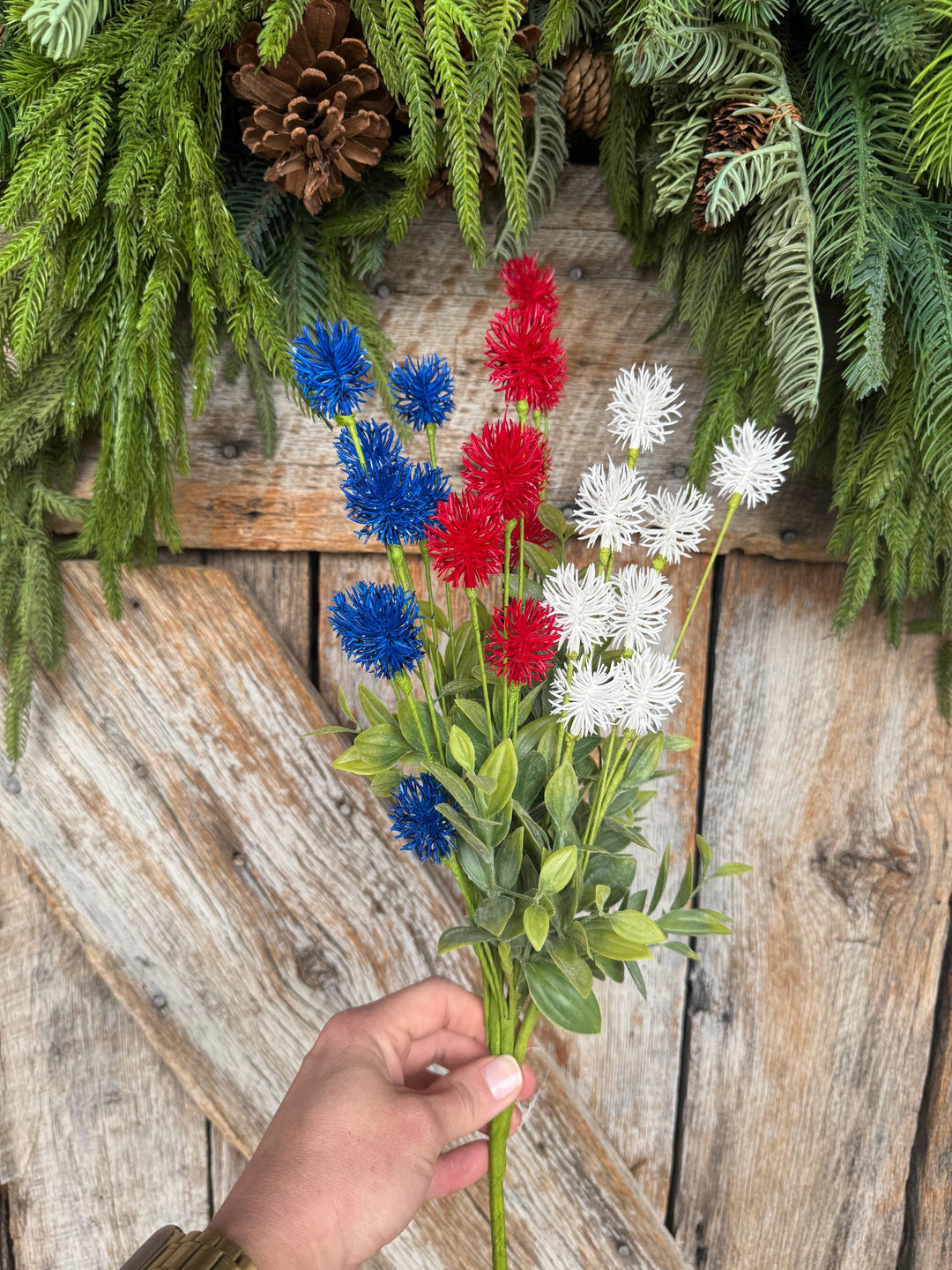 19" Patriotic Floral Bush, Red White Blue Pom Pom Bush