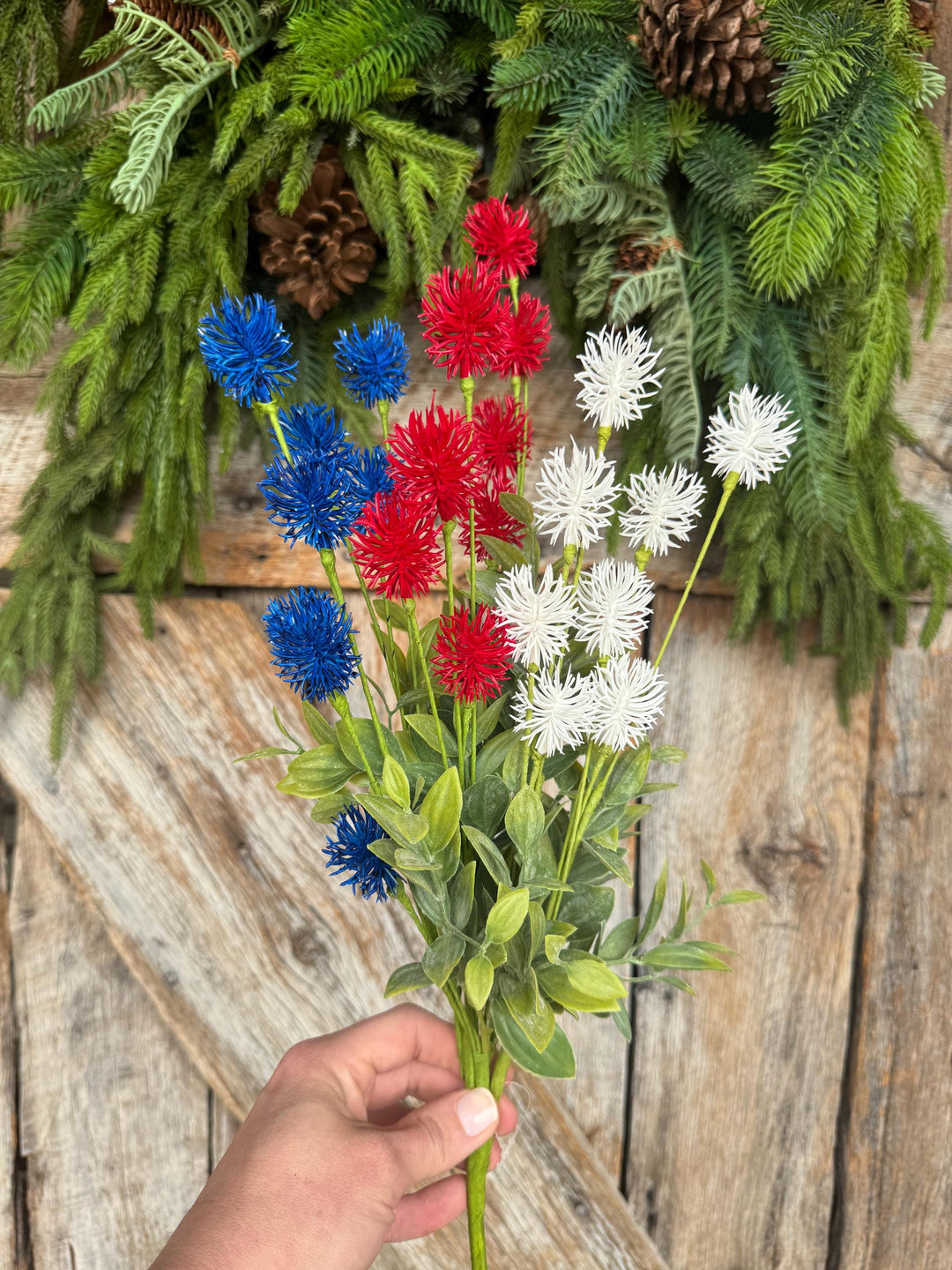19" Patriotic Floral Bush, Red White Blue Pom Pom Bush