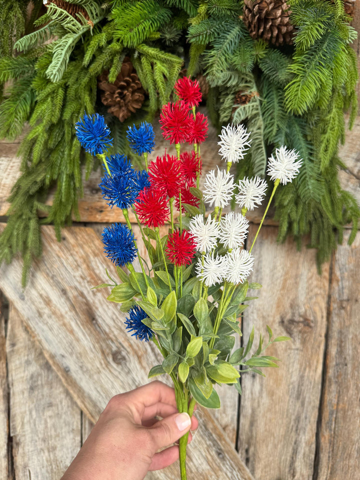 19" Patriotic Floral Bush, Red White Blue Pom Pom Bush
