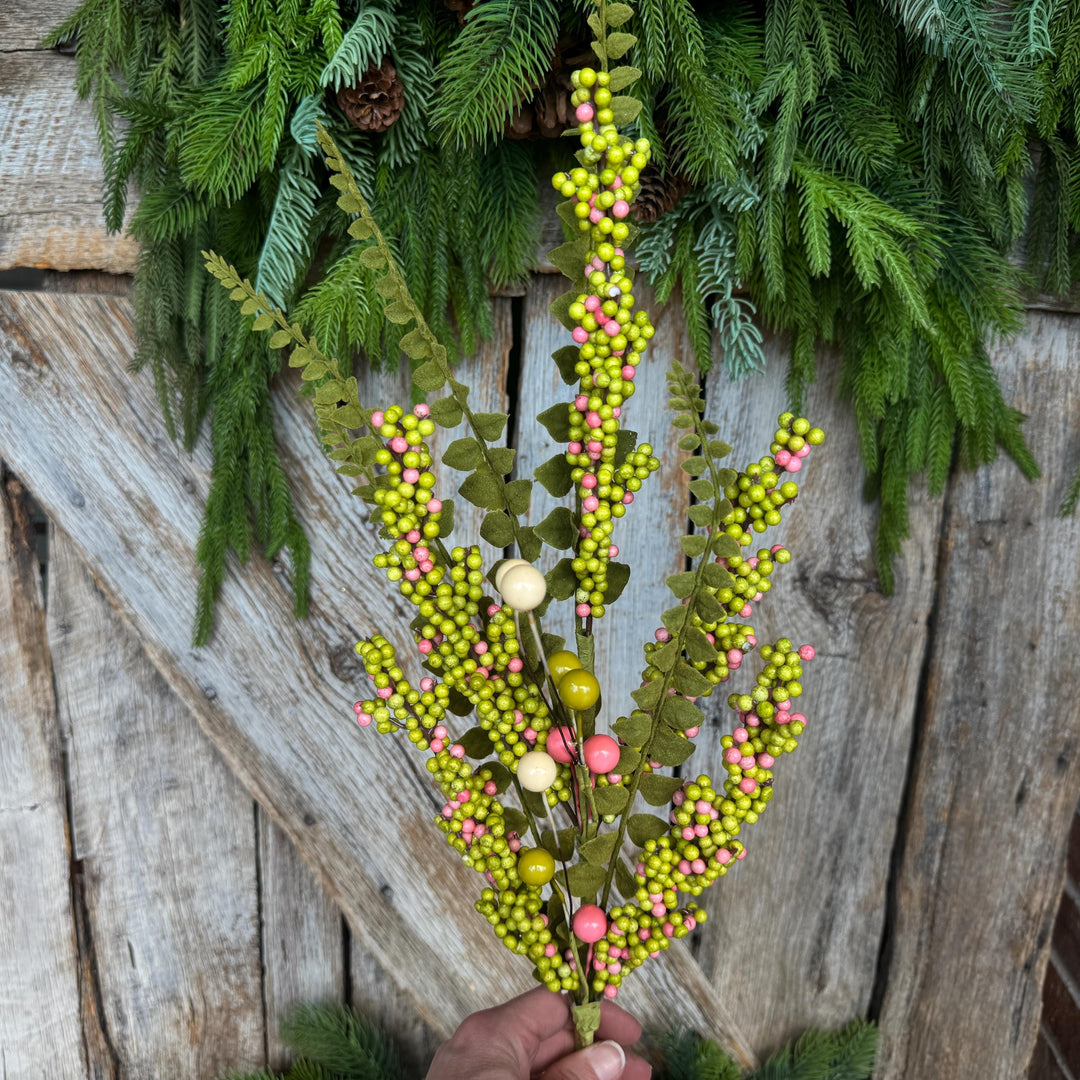 24" Green Pink Berry Spray, Spring Summer Berry Spray, Floral Spray