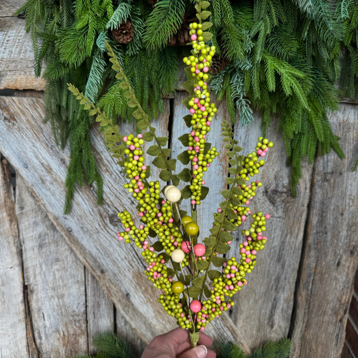 24" Green Pink Berry Spray, Spring Summer Berry Spray, Floral Spray