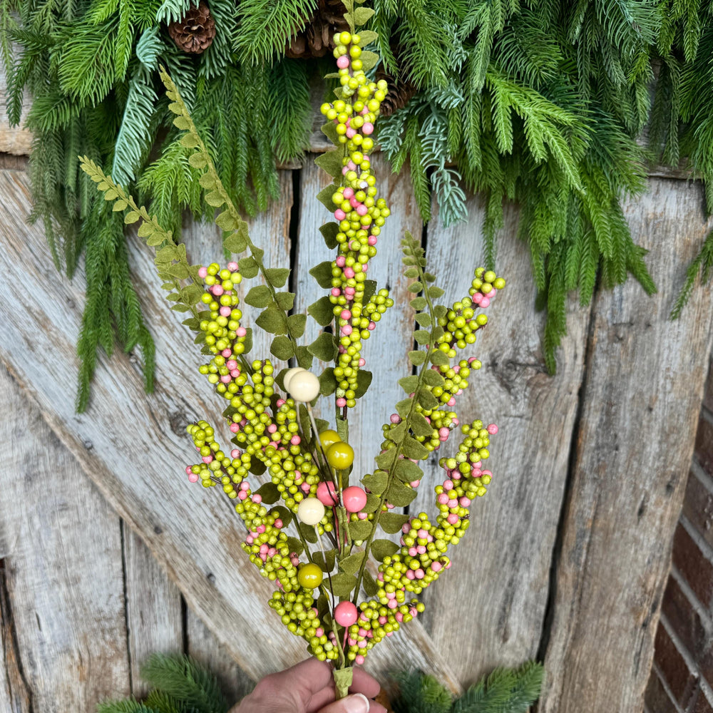 24" Green Pink Berry Spray, Spring Summer Berry Spray, Floral Spray