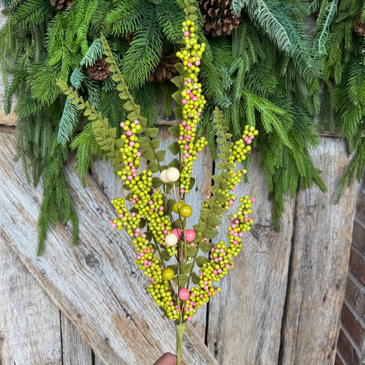 24" Green Pink Berry Spray, Spring Summer Berry Spray, Floral Spray