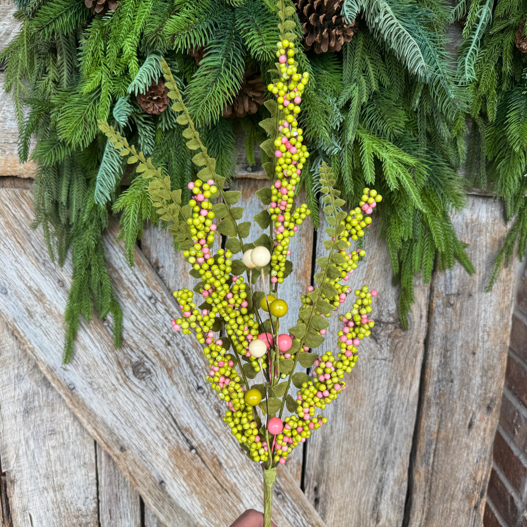 24" Green Pink Berry Spray, Spring Summer Berry Spray, Floral Spray