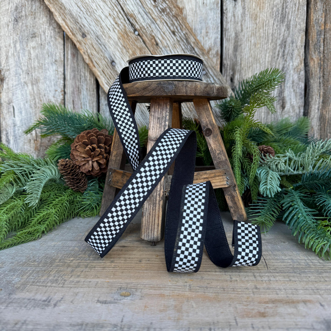 1" Black White Check Ribbon