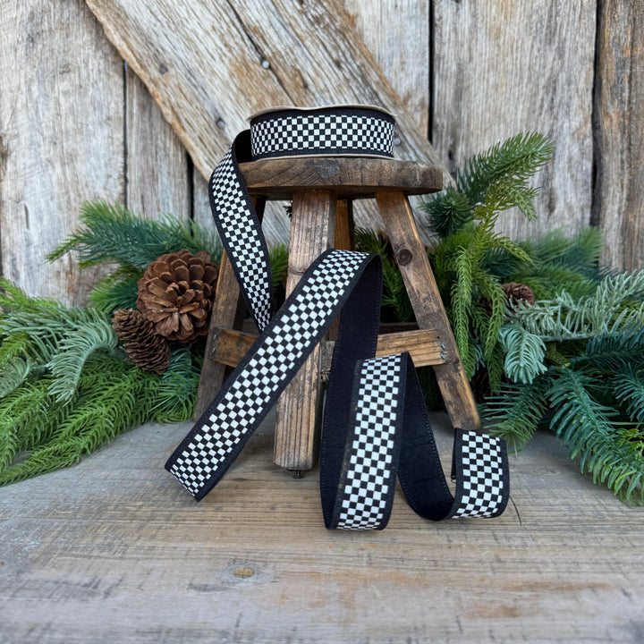 1" Black White Check Ribbon