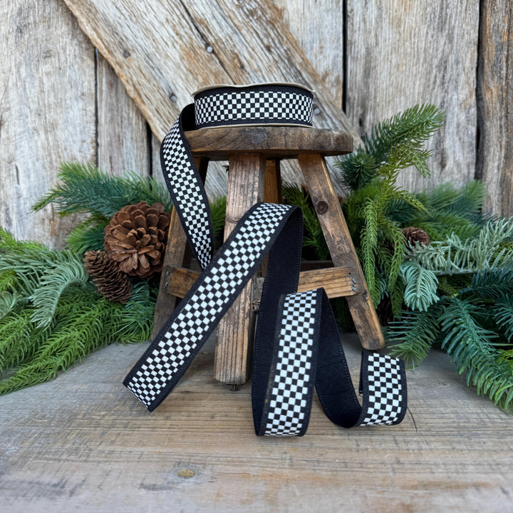 1" Black White Check Ribbon