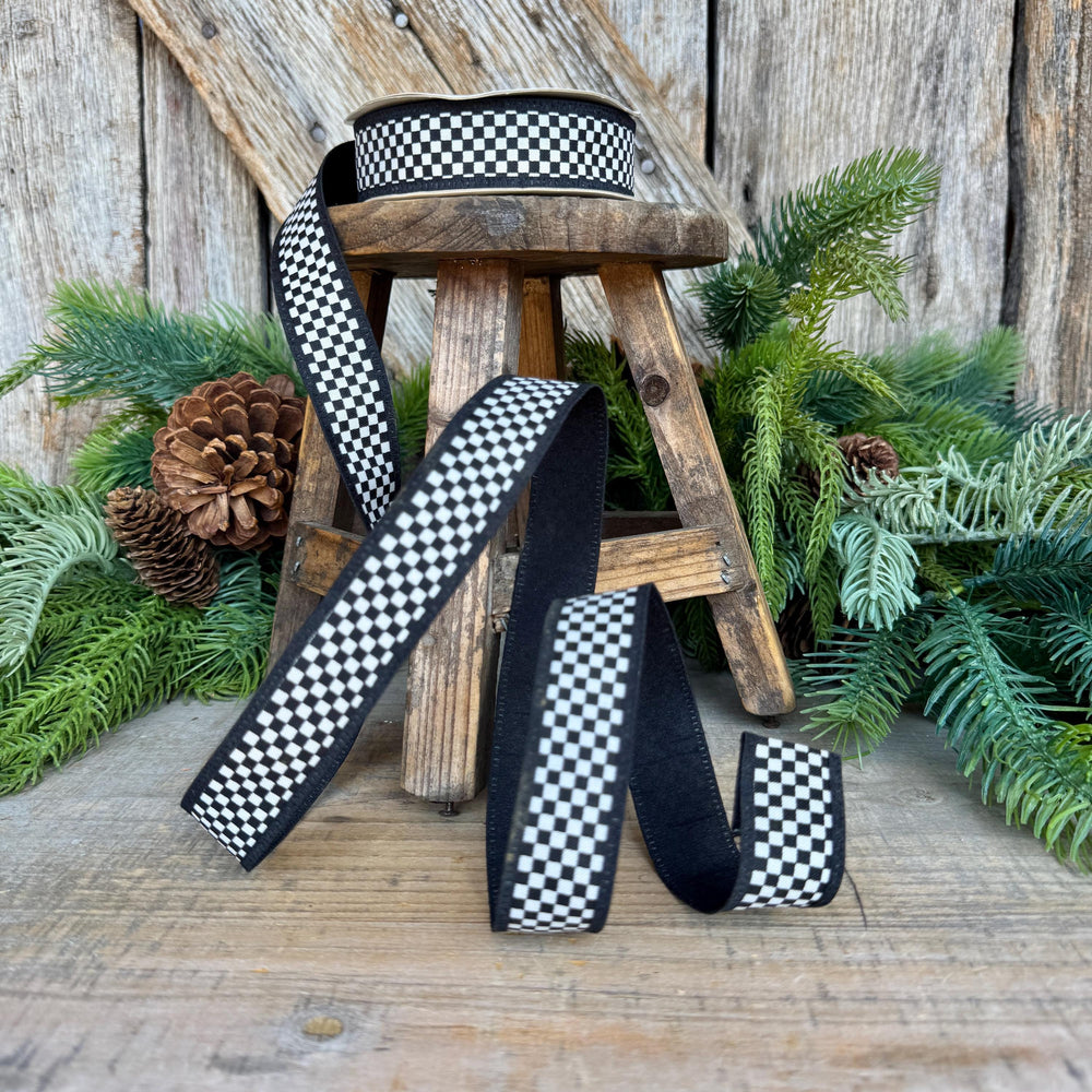 1" Black White Check Ribbon