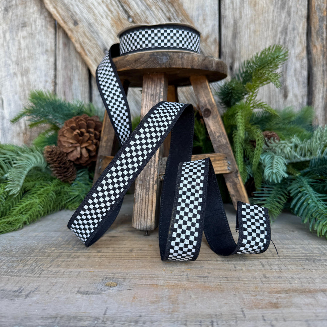 1" Black White Check Ribbon