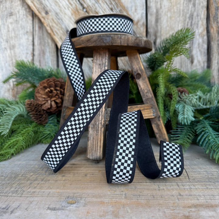 1" Black White Check Ribbon