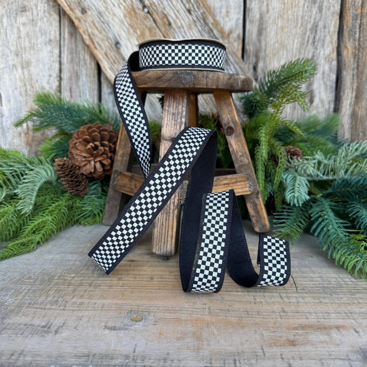 1" Black White Check Ribbon