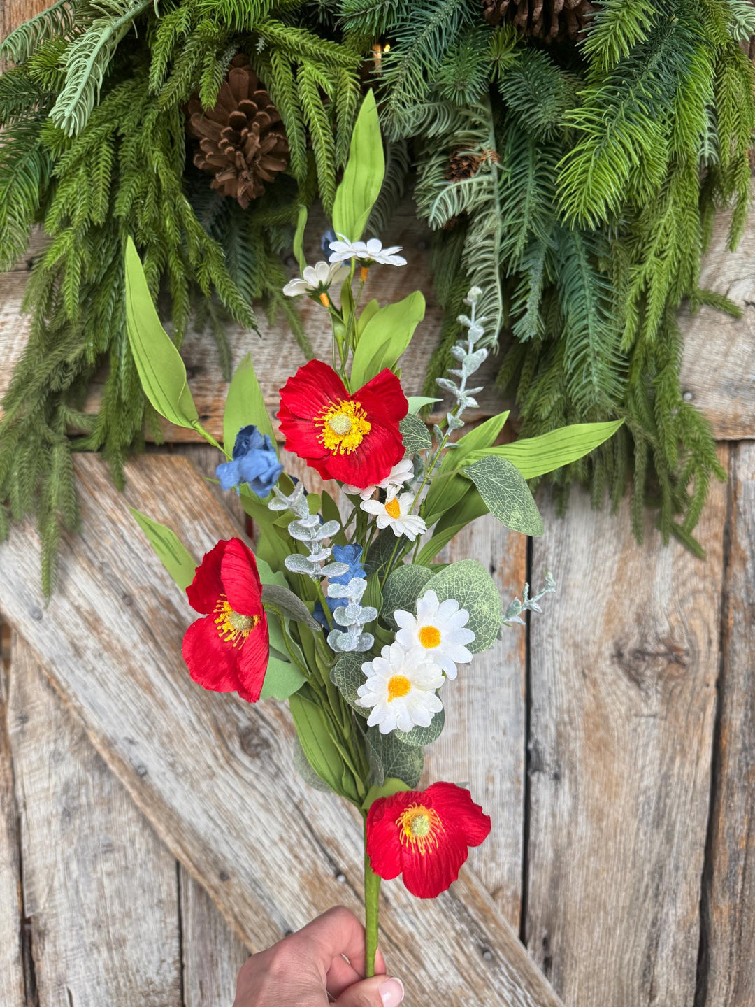 28" Patriotic Poppy Floral Spray | Red Poppies, White Daisies &amp; Blue Wildflowers | Artificial Flower Stem