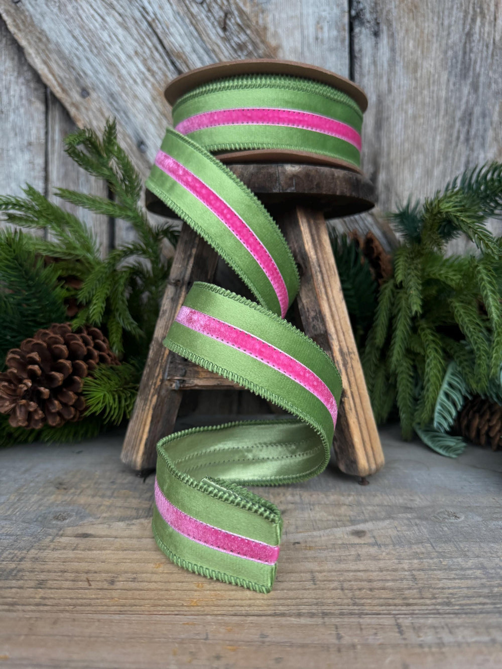 1.5” Pink & Green Velvet Ribbon, Luxury Wired Ribbon, Wreath Bow Supply, 10 Yard Roll
