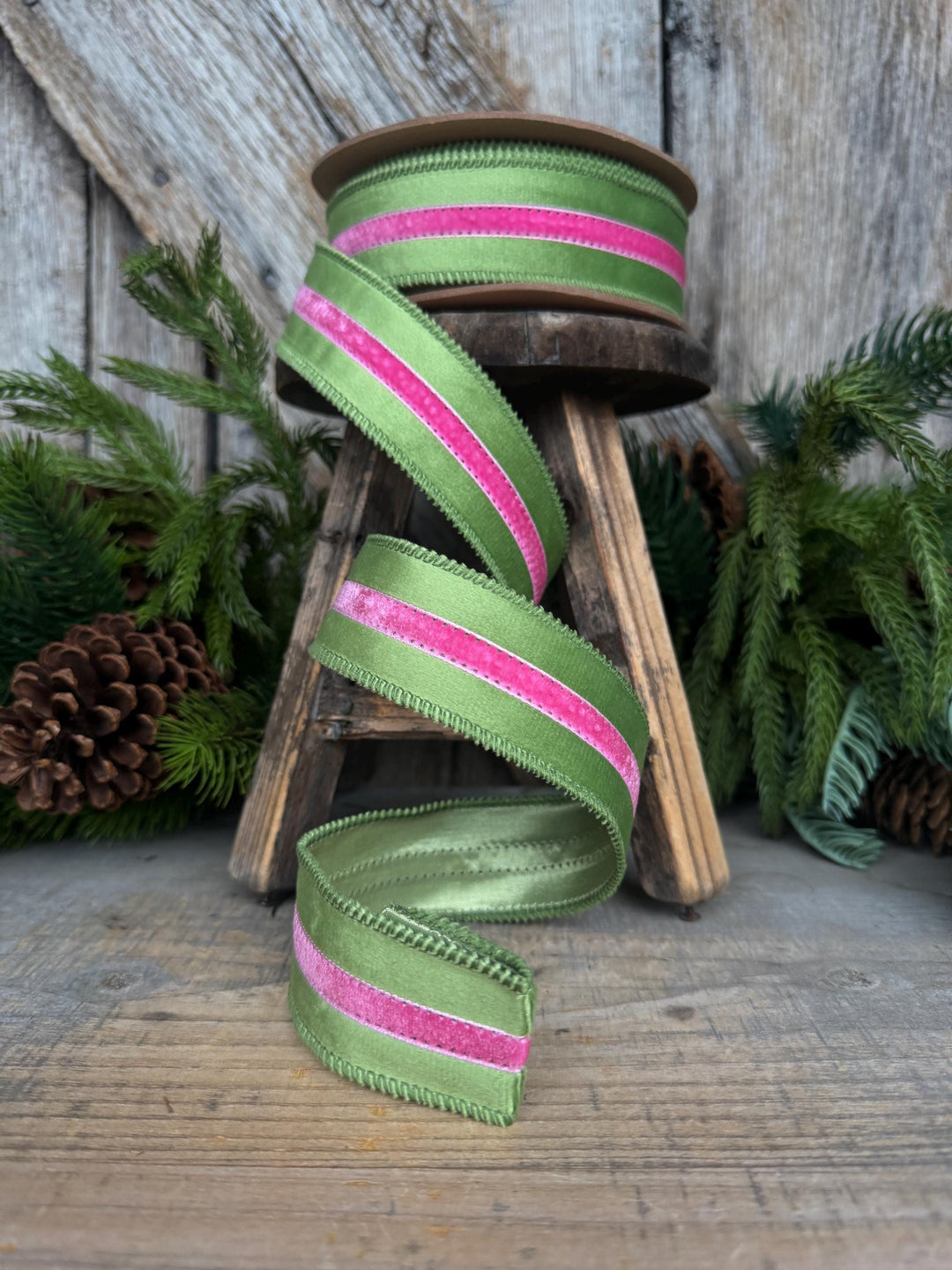1.5” Pink &amp; Green Velvet Ribbon, Luxury Wired Ribbon, Wreath Bow Supply, 10 Yard Roll