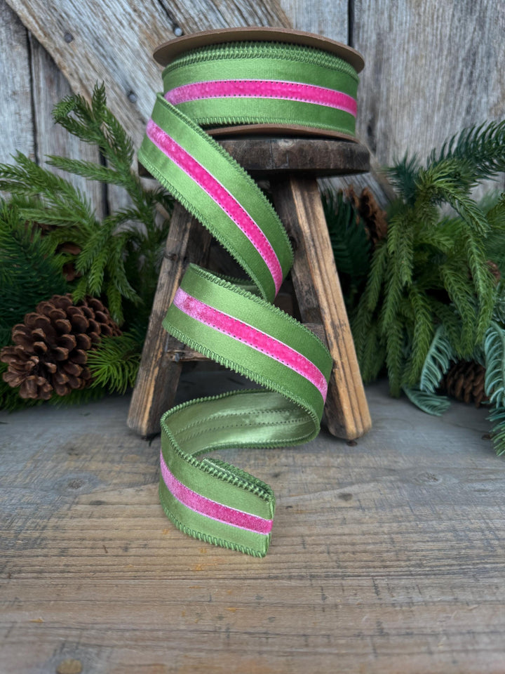 1.5” Pink &amp; Green Velvet Ribbon, Luxury Wired Ribbon, Wreath Bow Supply, 10 Yard Roll