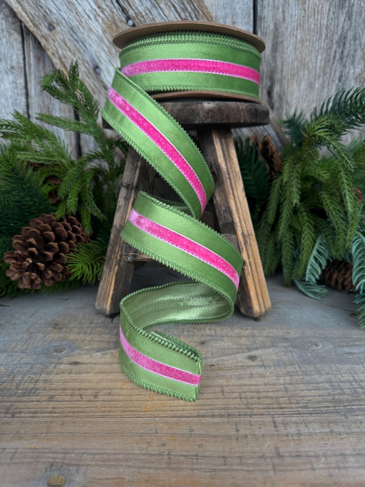 1.5” Pink &amp; Green Velvet Ribbon, Luxury Wired Ribbon, Wreath Bow Supply, 10 Yard Roll