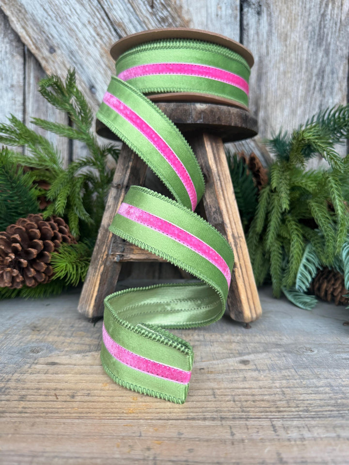 1.5” Pink &amp; Green Velvet Ribbon, Luxury Wired Ribbon, Wreath Bow Supply, 10 Yard Roll