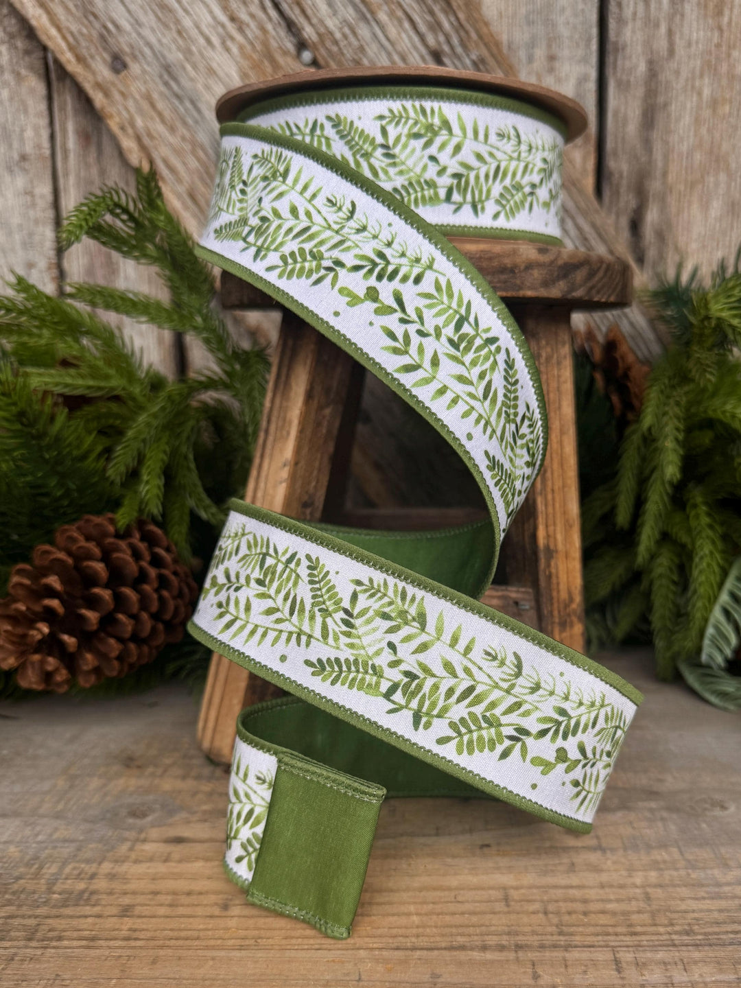 1.5" Green Leaf Ribbon, Wired Ribbon, Spring Ribbon, Wedding Ribbon, Everyday Ribbon, Green LEaf Ribbon, Green White Ribbon