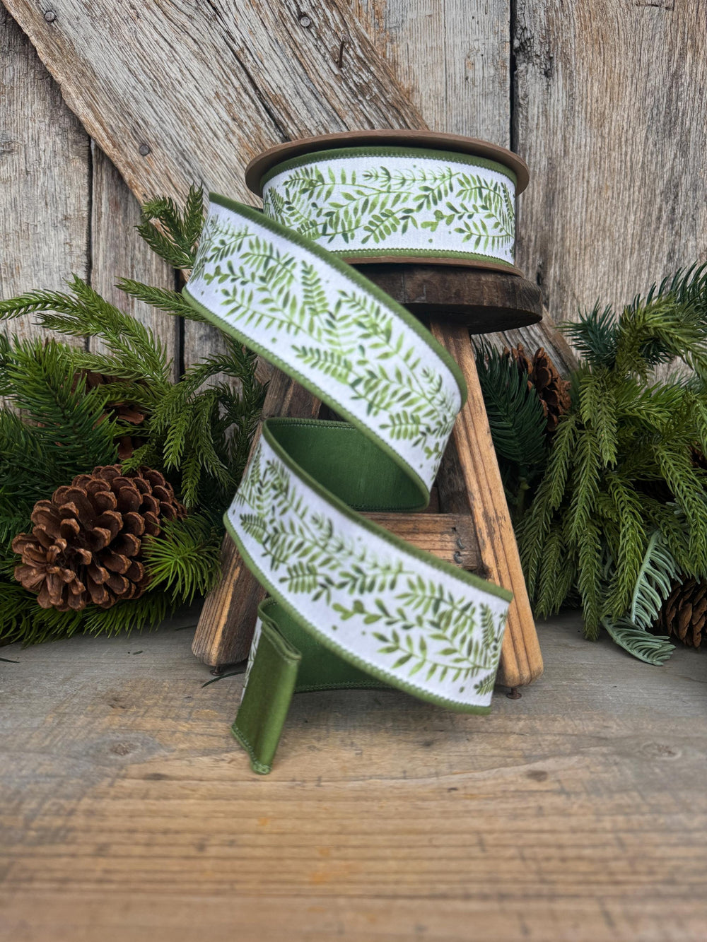 1.5" Green Leaf Ribbon, Wired Ribbon, Spring Ribbon, Wedding Ribbon, Everyday Ribbon, Green LEaf Ribbon, Green White Ribbon