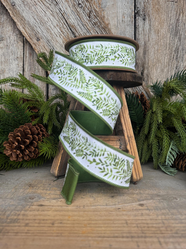 1.5" Green Leaf Ribbon, Wired Ribbon, Spring Ribbon, Wedding Ribbon, Everyday Ribbon, Green LEaf Ribbon, Green White Ribbon