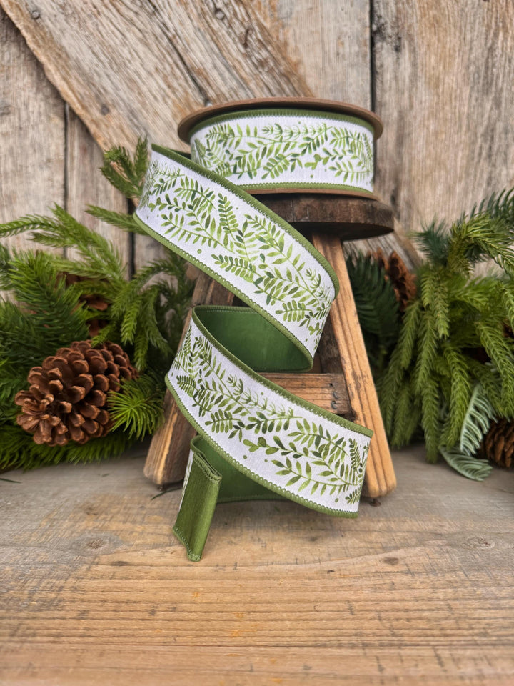 1.5" Green Leaf Ribbon, Wired Ribbon