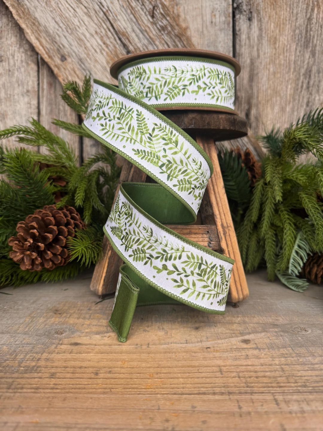 1.5" Green Leaf Ribbon, Wired Ribbon, Spring Ribbon, Wedding Ribbon, Everyday Ribbon, Green LEaf Ribbon, Green White Ribbon