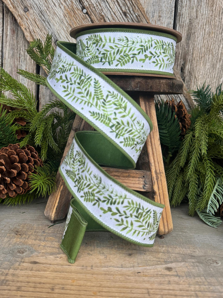 1.5" Green Leaf Ribbon, Wired Ribbon