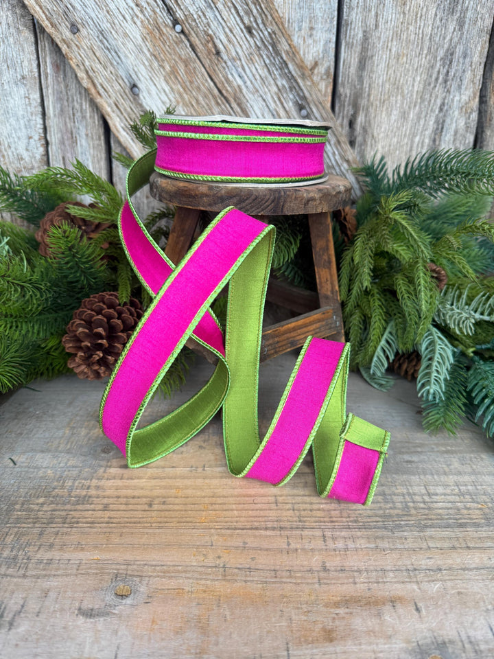 1" Hot Pink Lime Green Ribbon, Hot Pink Ribbon, Narrow Ribbon, Wired RIbbon, Designer Ribbon,Spring RIbbon