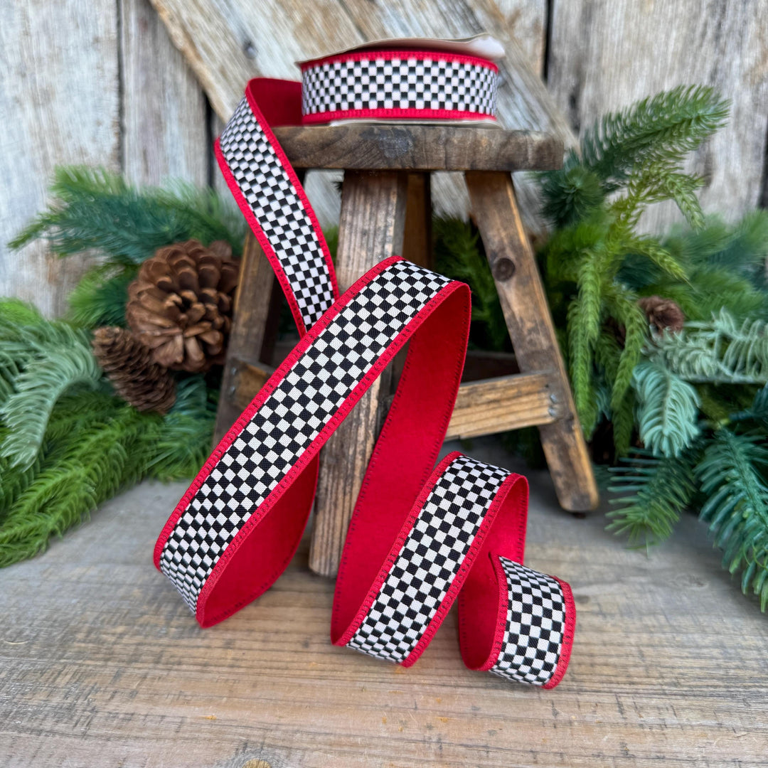 1" Black White Check Ribbon with Red Trim