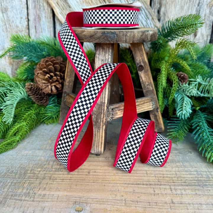 1" Black White Check Ribbon with Red Trim