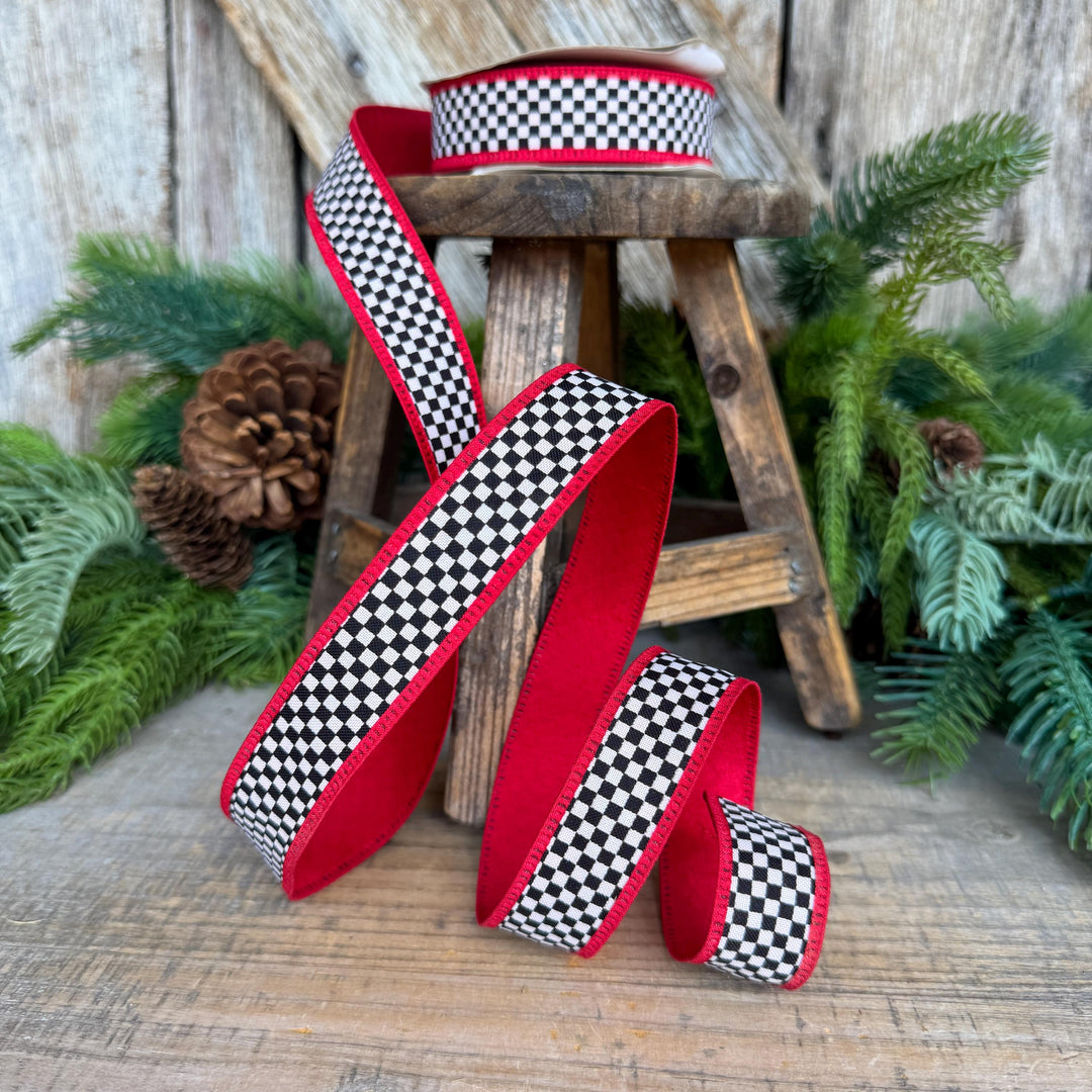 1" Black White Check Ribbon with Red Trim