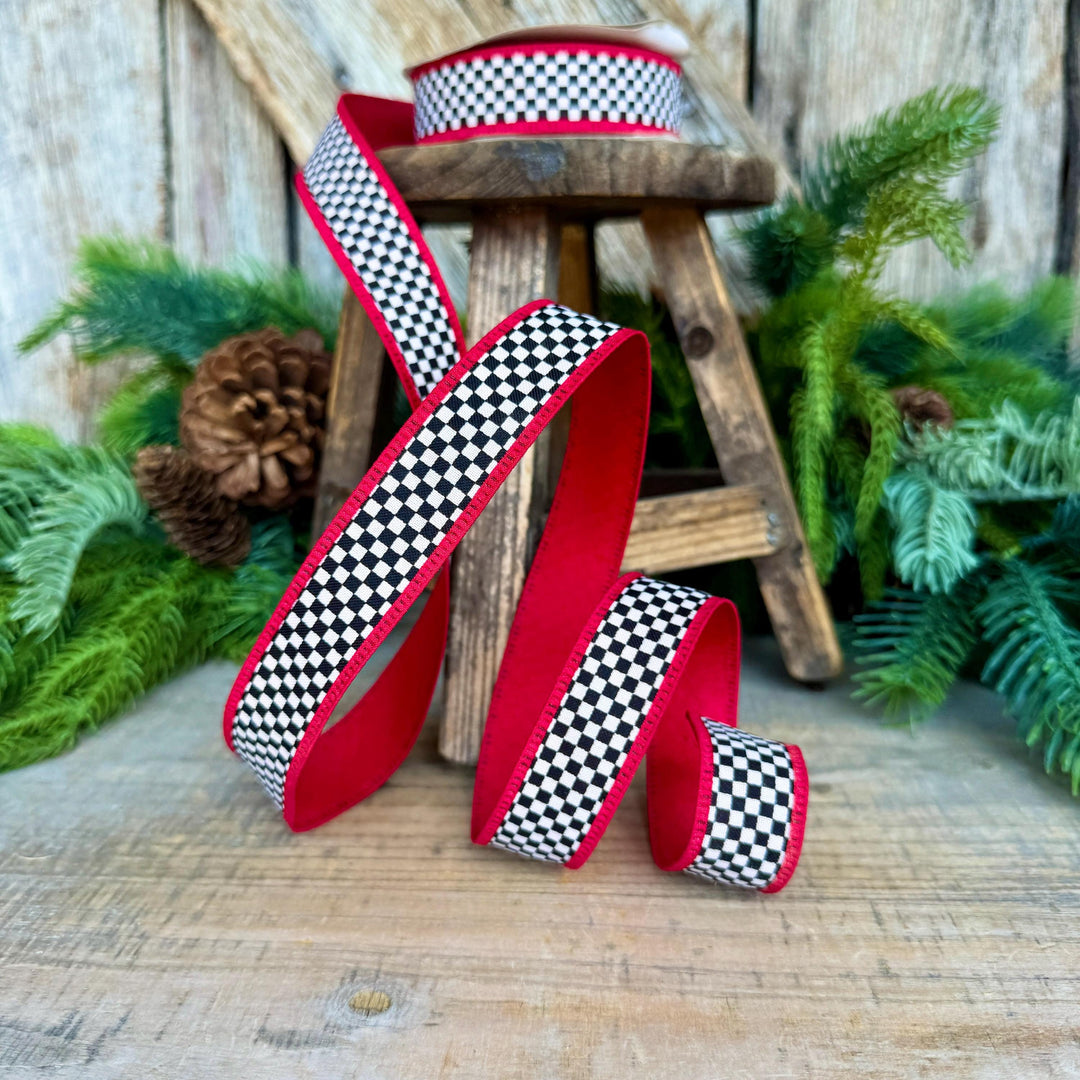 1" Black White Check Ribbon with Red Trim