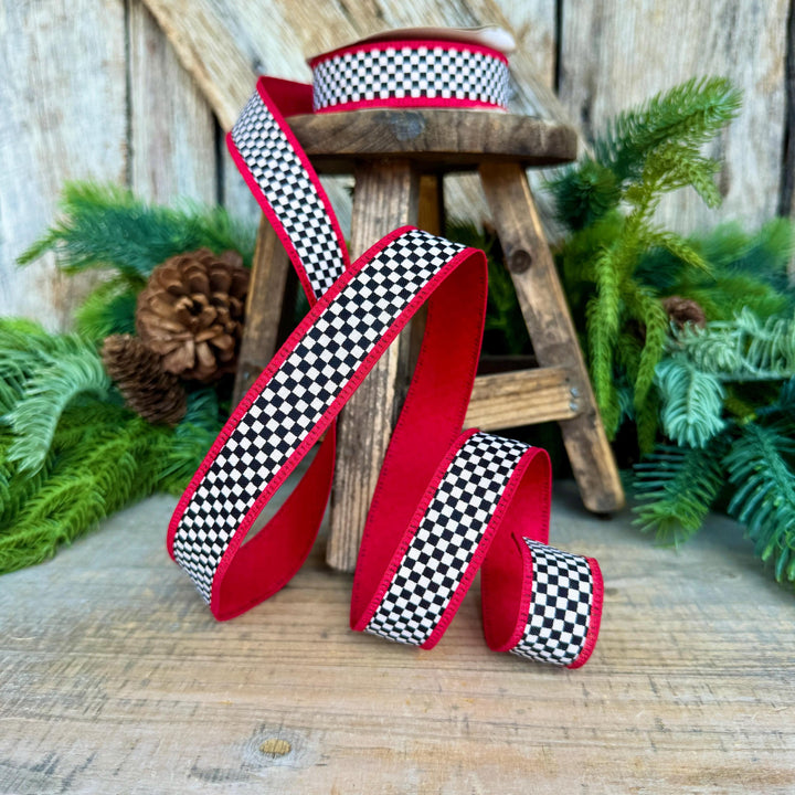 1" Black White Check Ribbon with Red Trim