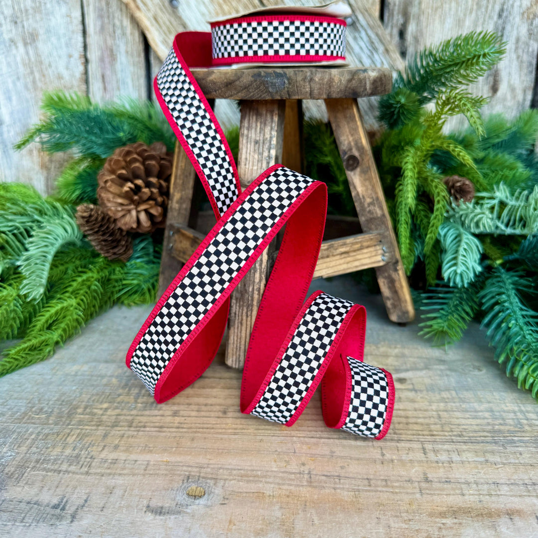 1" Black White Check Ribbon with Red Trim